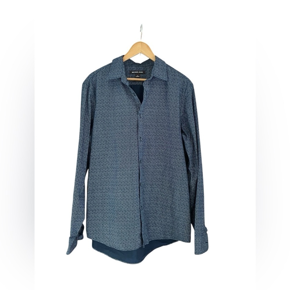 Michael Kors Mens Blue Dotted Classic Fit Button Up Shirt Size XL